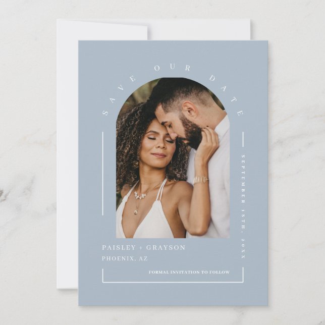 Dusty Blue Boho Arch Photo QR Code Save Our Date Invitation (Front)