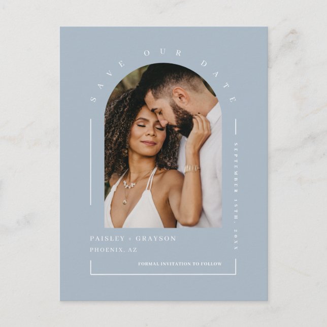 Dusty Blue Boho Arch Photo QR Code Save Our Date Postcard (Front)