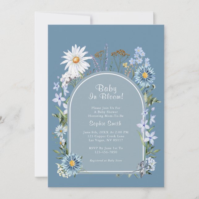 Dusty Blue Boho Baby In Bloom Baby Shower  Invitation (Front)