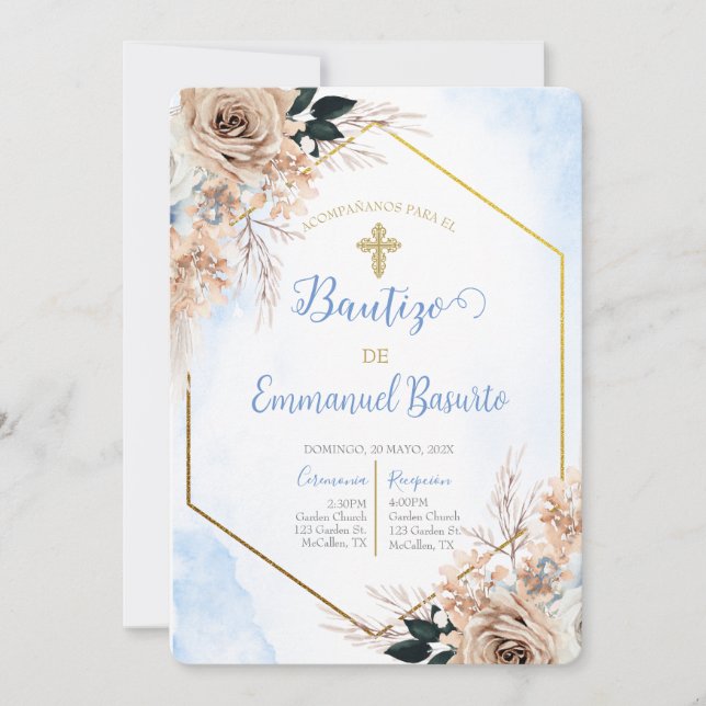 Dusty blue boho baptism invitation  (Front)