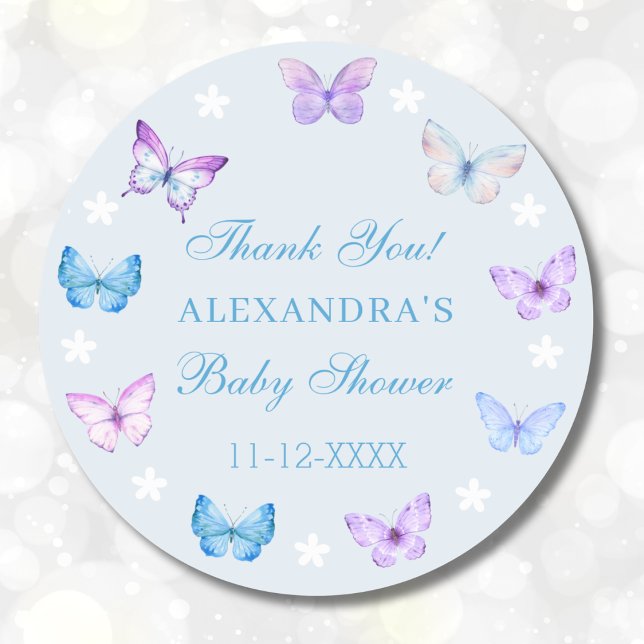 Dusty Blue Boho Butterfly Baby Shower Thank You Classic Round Sticker (Creator Uploaded)