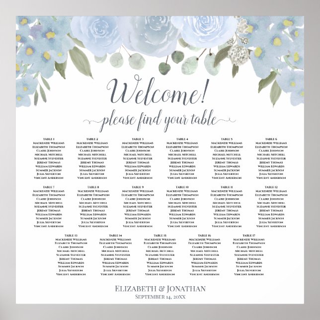 Dusty Blue Boho Chic Floral 17 Table Seating Chart (Front)