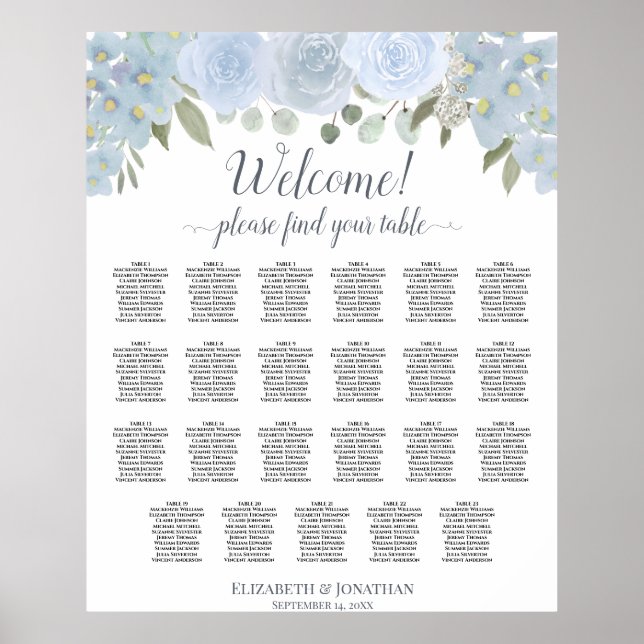 Dusty Blue Boho Chic Roses 23 Table Seating Chart (Front)