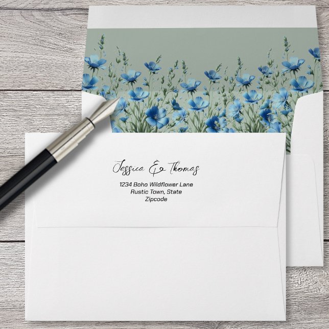 Dusty Blue Boho Chic Wildflowers White Wedding Envelope (Back Flap Open/Closed)