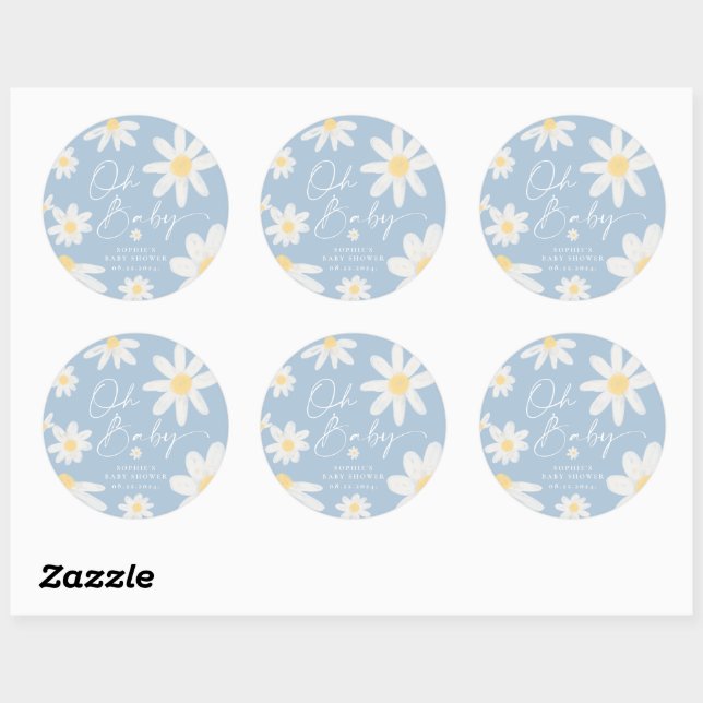 Dusty Blue Boho Daisy Flower Round Sticker (Sheet)
