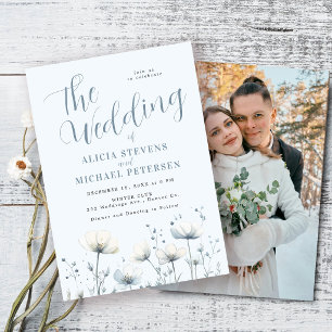 Dusty blue boho elegant winter floral wedding invitation