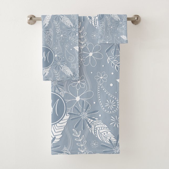 dusty blue boho feathers flowers paislies pattern bath towel set (Insitu)