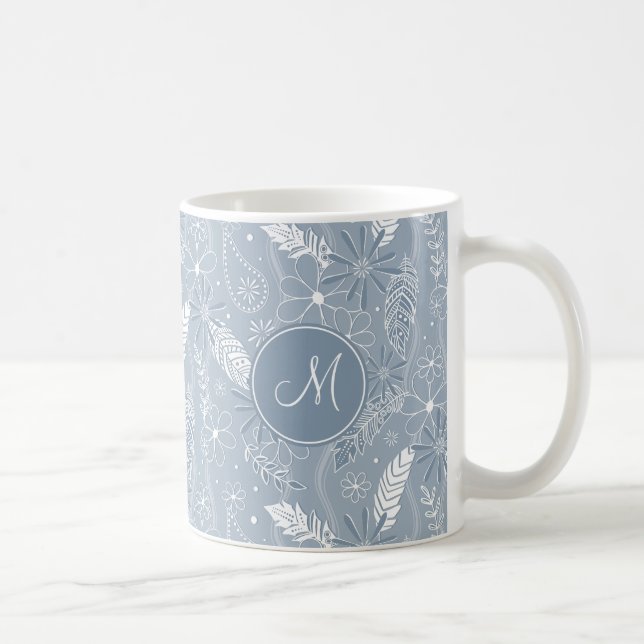 dusty blue boho feathers flowers paislies pattern coffee mug (Right)