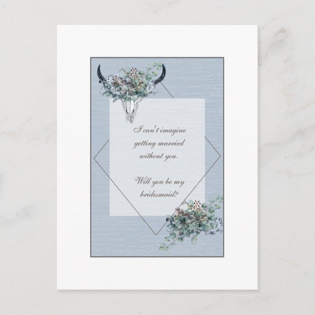 Dusty Blue Boho floral Bridesmaid Proposal Invitation Postcard (Front)