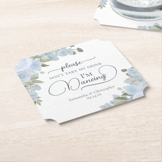 Dusty Blue Boho Floral Don't Take My Drink Wedding Paper Coaster (Angled)