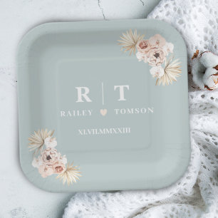 Dusty Blue Boho Floral Elegant Wedding Monogram  Paper Plate