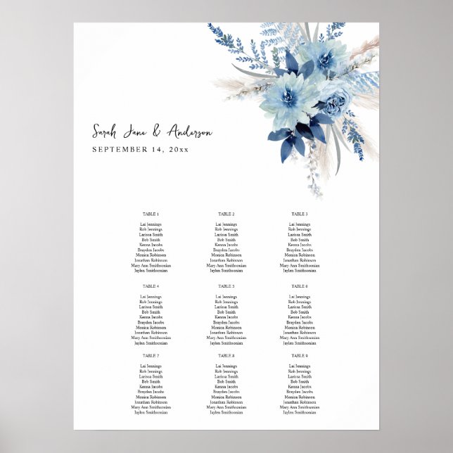 Dusty Blue Boho Floral Event Seating Chart 9 (Front)