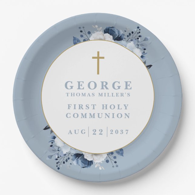 Dusty Blue Boho Floral First Holy Communion Paper Plate (Front)