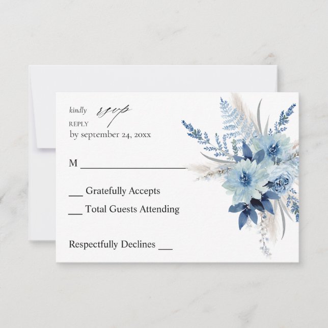 Dusty Blue Boho Floral no Meal RSVP (Front)