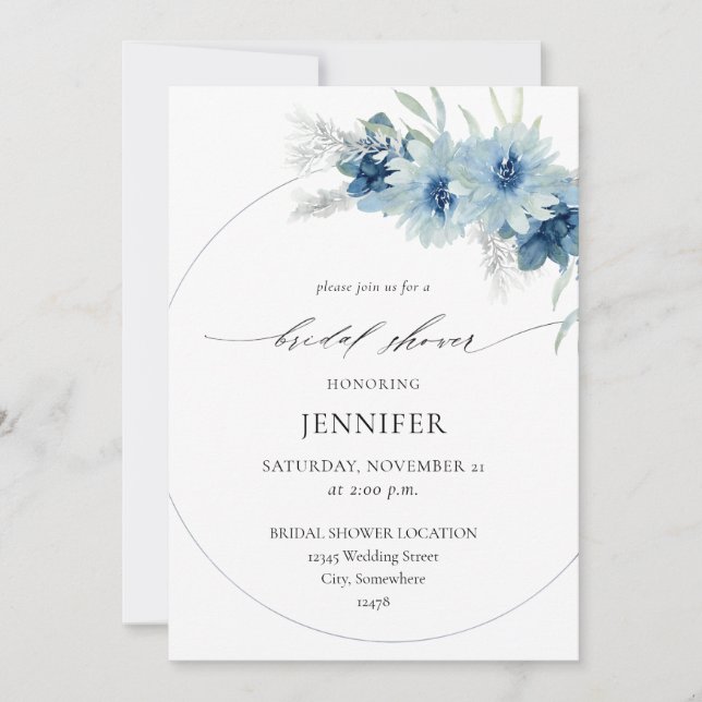 Dusty Blue Boho Floral Ring Bridal Shower B Invitation (Front)