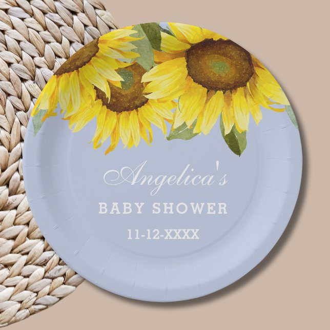 Dusty Blue Boho Floral Sunflower Baby Girl Shower Paper Plate (Creator Uploaded)