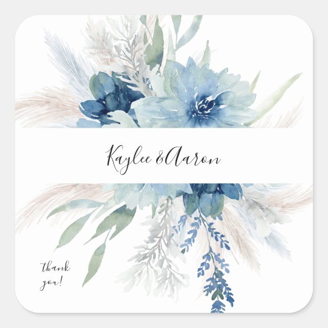 Dusty Blue Boho Floral Thank You Square Sticker (Front)