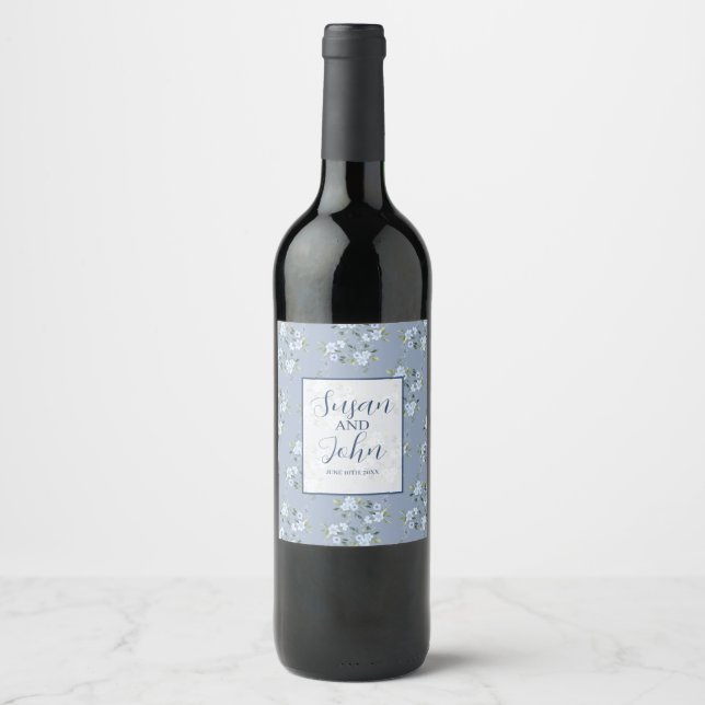 Dusty Blue Boho Floral Wedding Can Cooler Wine Label (Front)