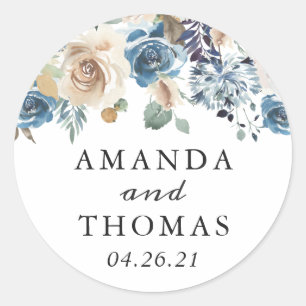 Dusty Blue Boho Floral Wedding Favour Sticker