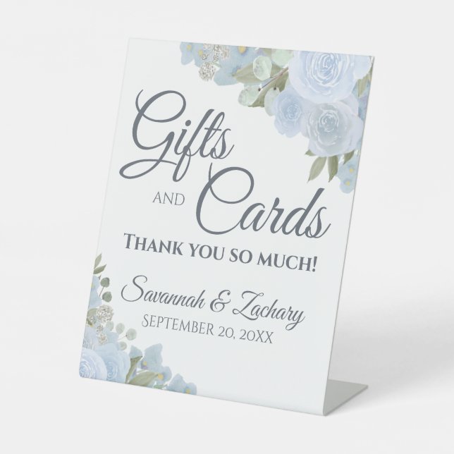 Dusty Blue Boho Floral Wedding Gifts & Cards Pedestal Sign (Front)