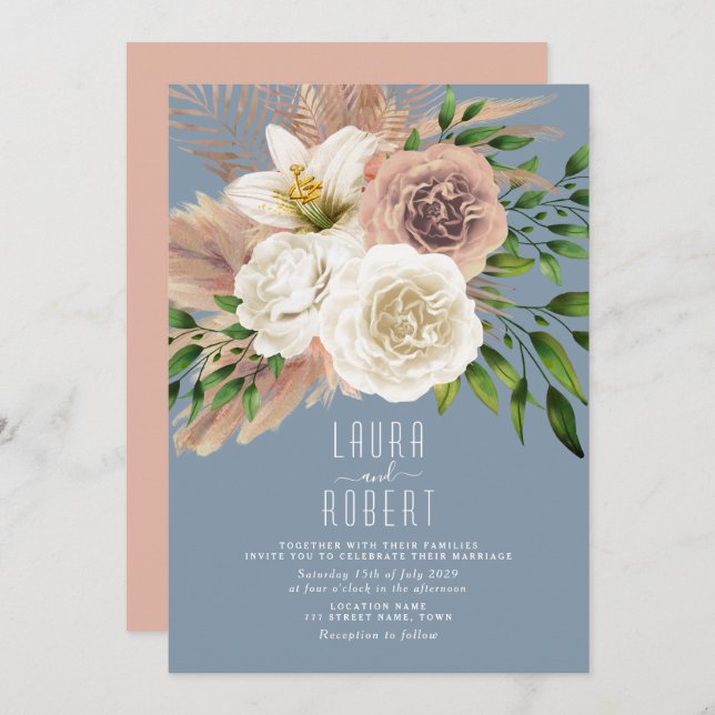 Dusty Blue Boho Floral Wedding Invitation (Front/Back)