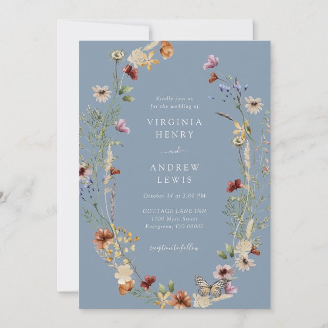 Dusty Blue Boho Floral Wedding Invitation (Front)
