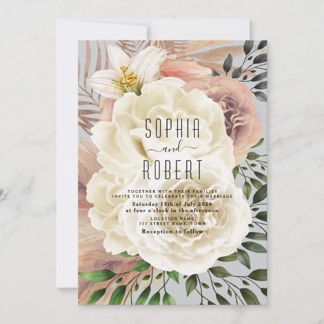 Dusty Blue Boho Floral Wedding Invitation (Front)