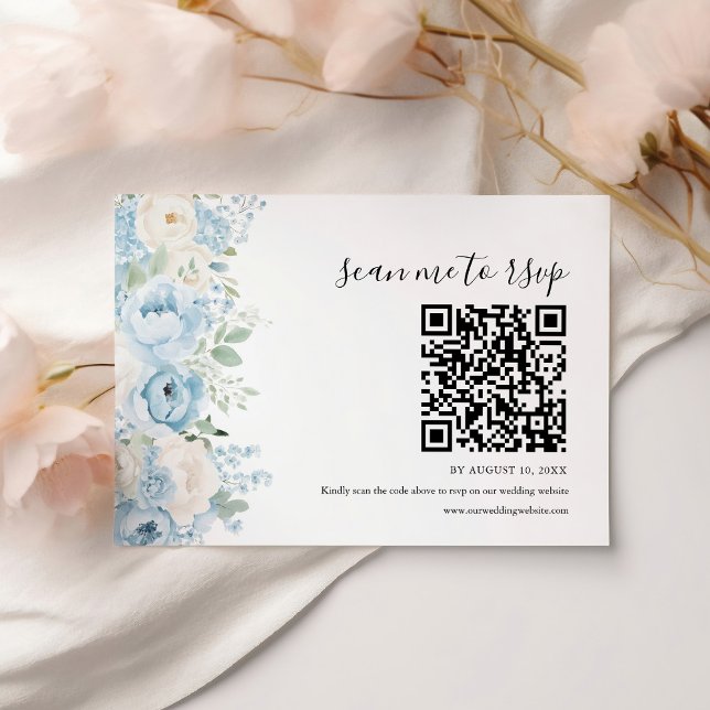 Dusty Blue Boho Floral Wedding QR Code RSVP Card (Creator Uploaded)