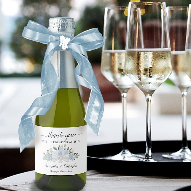 Dusty Blue Boho Floral Wedding Thank You Mini Sparkling Wine Label (Creator Uploaded)