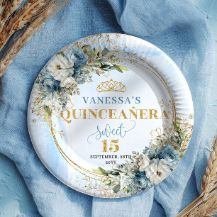 Dusty Blue Boho Greenery Gold Glitter Quinceañera  Paper Plate