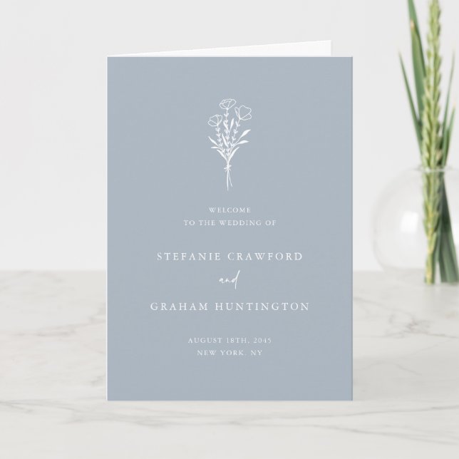 Dusty Blue Boho Minimalist Botanicals Wedding Programme (Front)