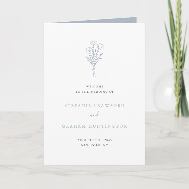 Dusty Blue Boho Minimalist Botanicals Wedding Programme (Front)