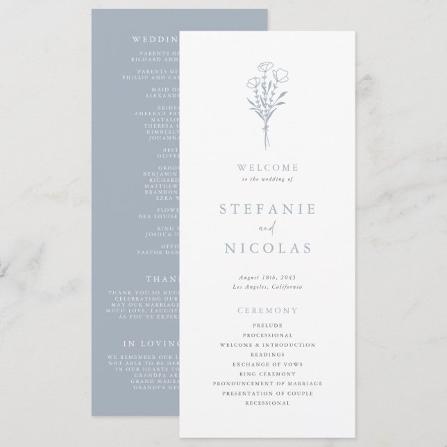 Dusty Blue Boho Minimalist Botanicals Wedding Programme (Front/Back)