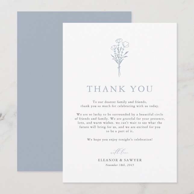Dusty Blue Boho Minimalist Botanicals Wedding Thank You Card (Front/Back)