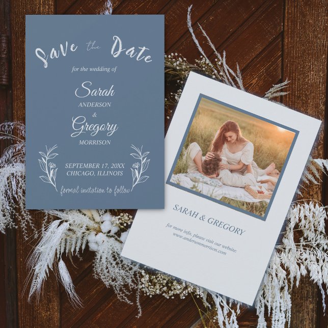 Dusty Blue Boho Minimalist Save the Date Card (Creator Uploaded)