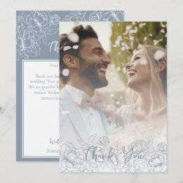Dusty Blue Boho Modern Floral Elegant Photo Thank You Card