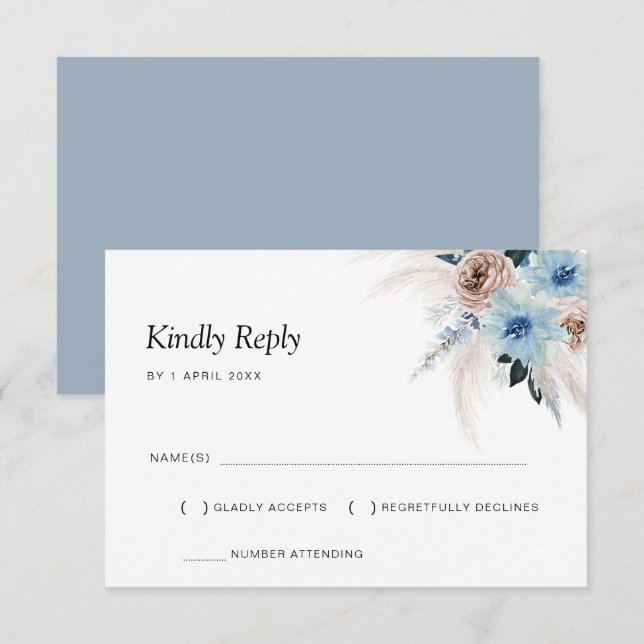 dusty blue boho pampas floral RSVP card (Front/Back)