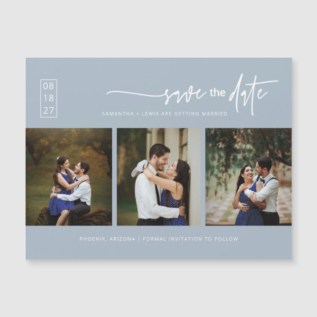 Dusty Blue Boho Photo Save the Date Magnetic Card (Front)