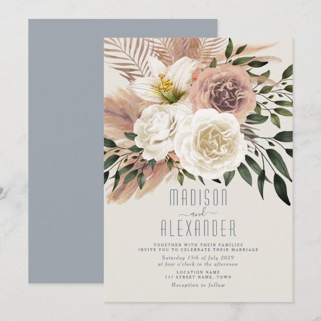 Dusty Blue Boho Pink Floral Wedding Invitation (Front/Back)