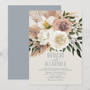 Dusty Blue Boho Pink Floral Wedding Invitation