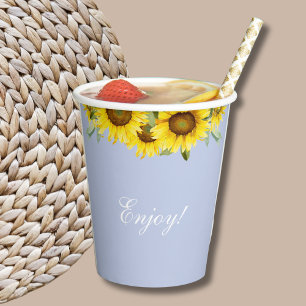 Dusty Blue Boho Sunflower Baby Shower Paper Cup
