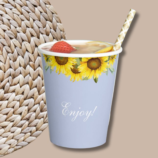 Dusty Blue Boho Sunflower Baby Shower Paper Cup (Creator Uploaded)