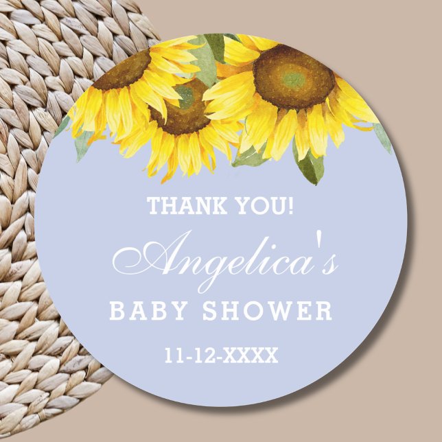 Dusty Blue Boho Sunflower Baby Shower Thank You  Classic Round Sticker (Creator Uploaded)