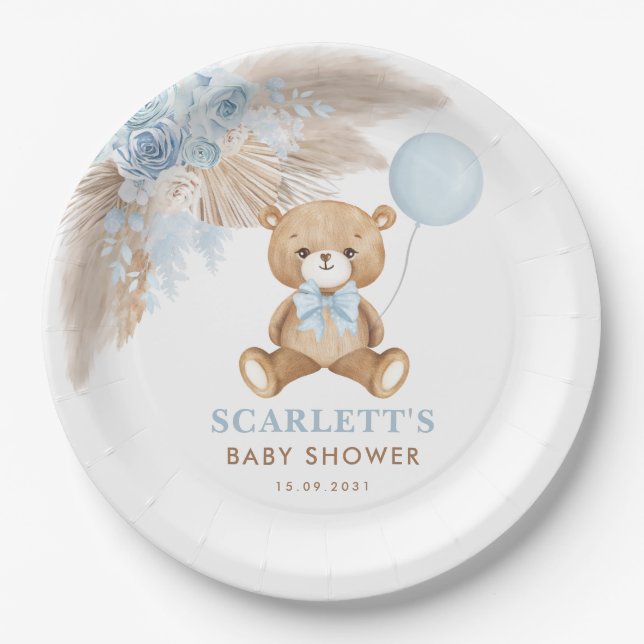 Dusty Blue Boho Teddy Bear Baby Boy Shower Paper Plate (Front)