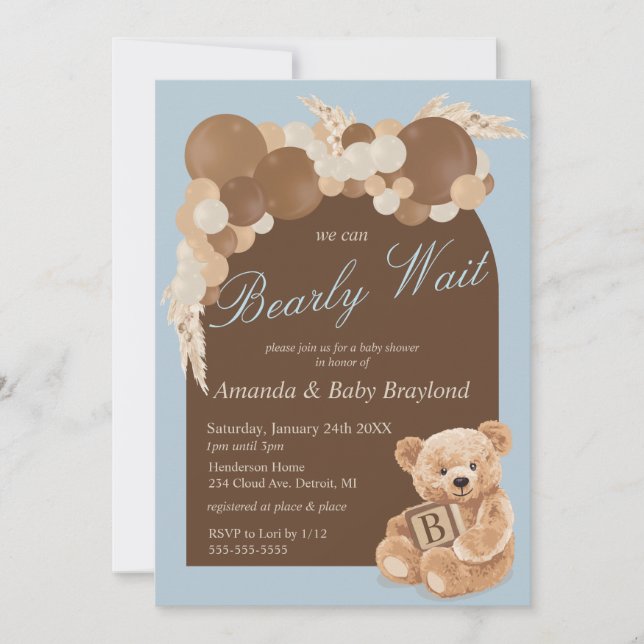 Dusty Blue Boho Teddy Bear Baby Shower Invitation (Front)