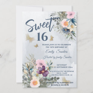 Dusty blue boho watercolor floral greenery invitation