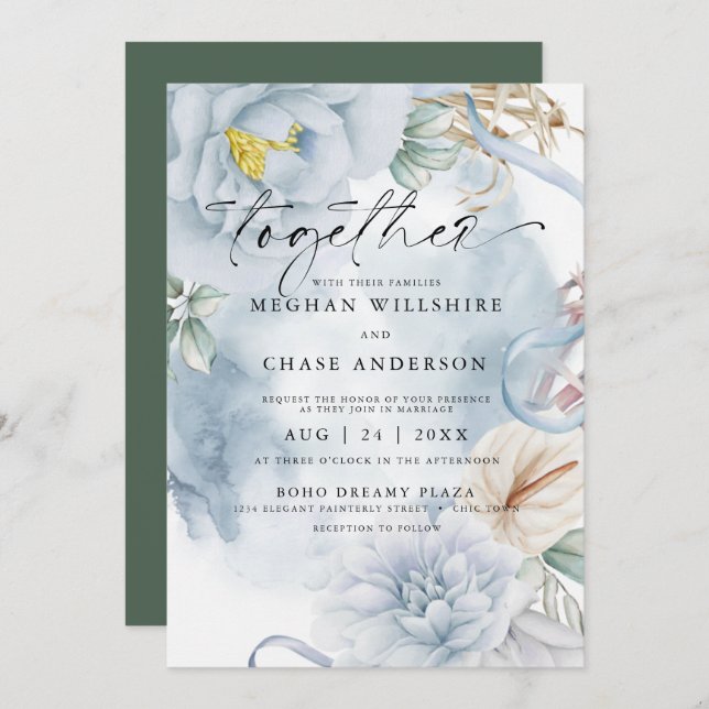 Dusty Blue BOHO Watercolor Floral Invitation (Front/Back)