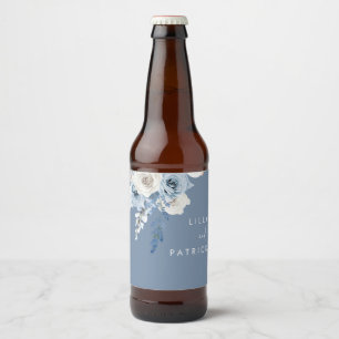 Dusty Blue Boho Watercolor Floral Wedding Beer Bottle Label