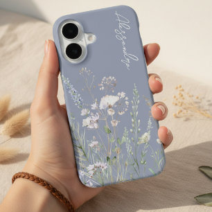 Dusty Blue Boho Watercolor Wildflowers iPhone 16 Case
