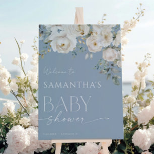 Dusty blue boho white florals baby shower welcome poster